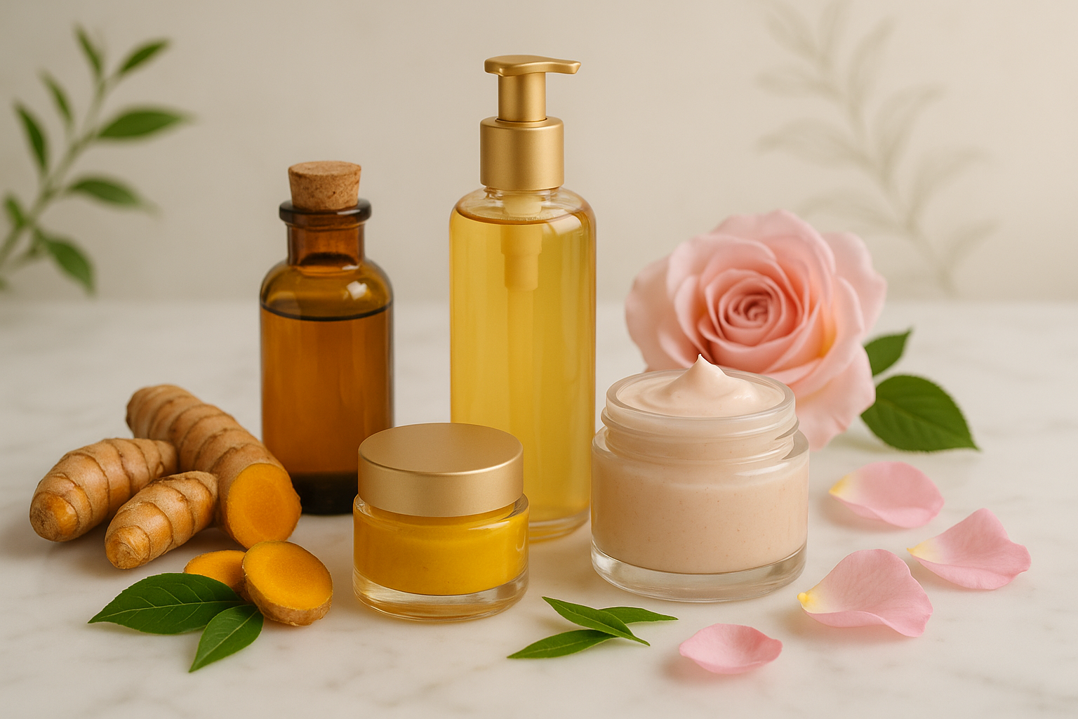 Create a Video with matches the title: Discover all Natural Ingredients and Subheader: Experience the power of turmeric, green tea, and rose in our carefully crafted natural skincare collection